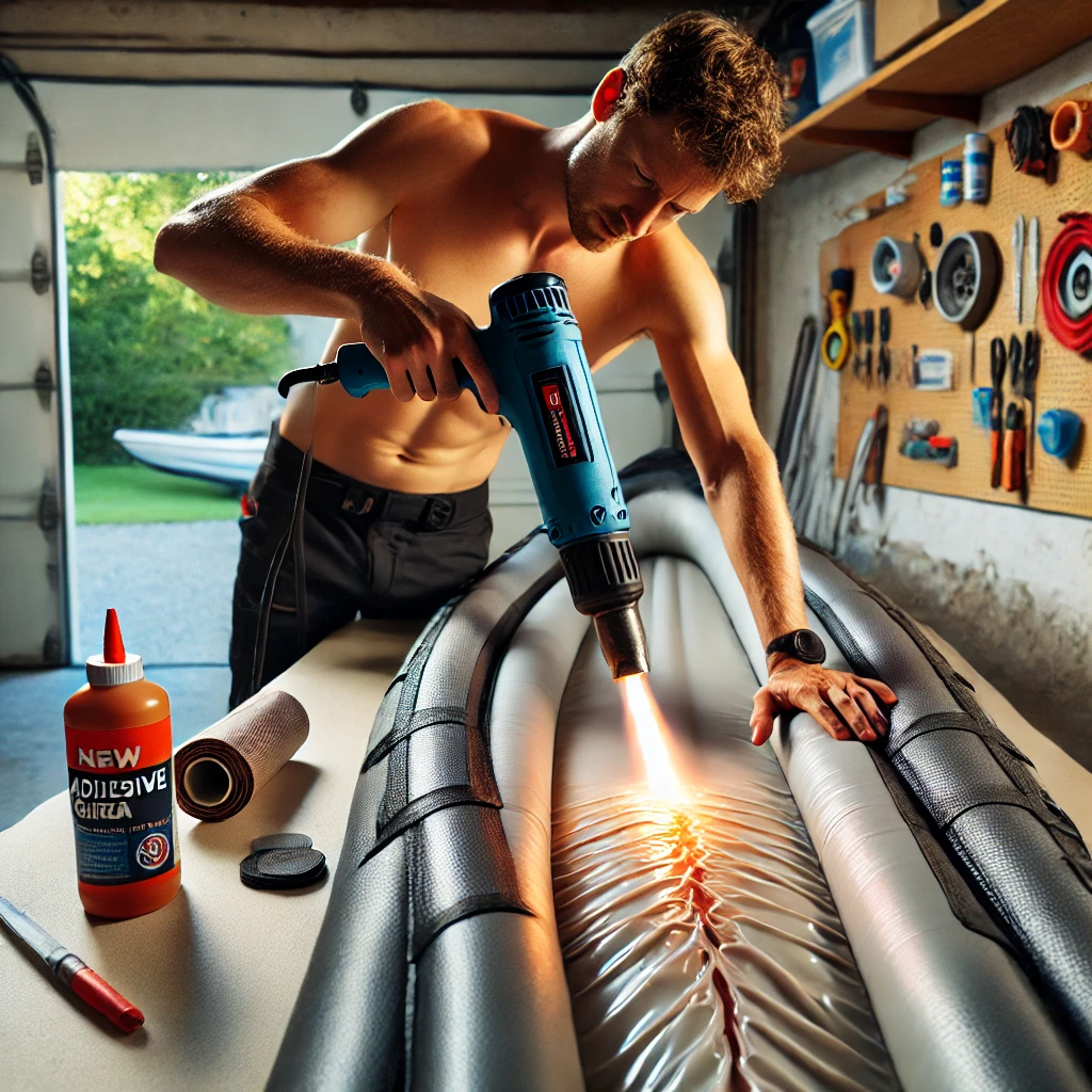 DALL·E 2024-08-25 17.17.12 - A scene showing a person using a heat gun to speed up the adhesive cure time on an inflatable kayak